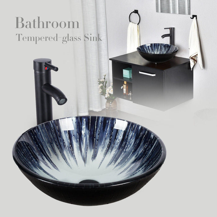 Bathroom Vessel Sink Tempered Glass Basin ORB Faucet Combo Pop Up Drain Sink Set