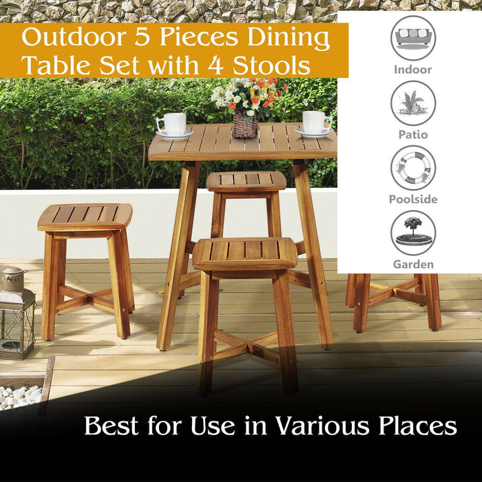 5PCS Acacia Patio Dining Set Outdoor Dining Furniture w/Square Table & 4 Stools