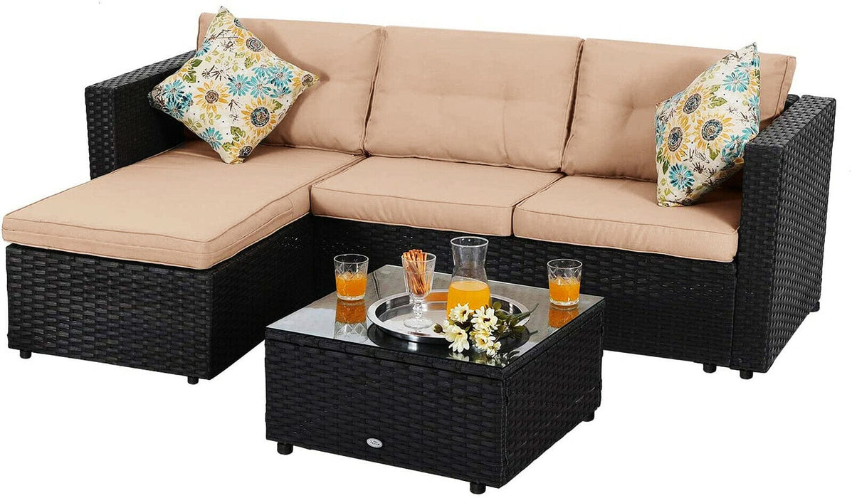 Patio Rattan Sectional Sofa Set with Gas Fire Pit Table Wicker Outdoor Furniture