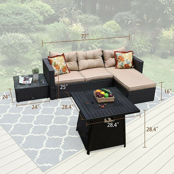 Patio Rattan Sectional Sofa Set with Gas Fire Pit Table Wicker Outdoor Furniture