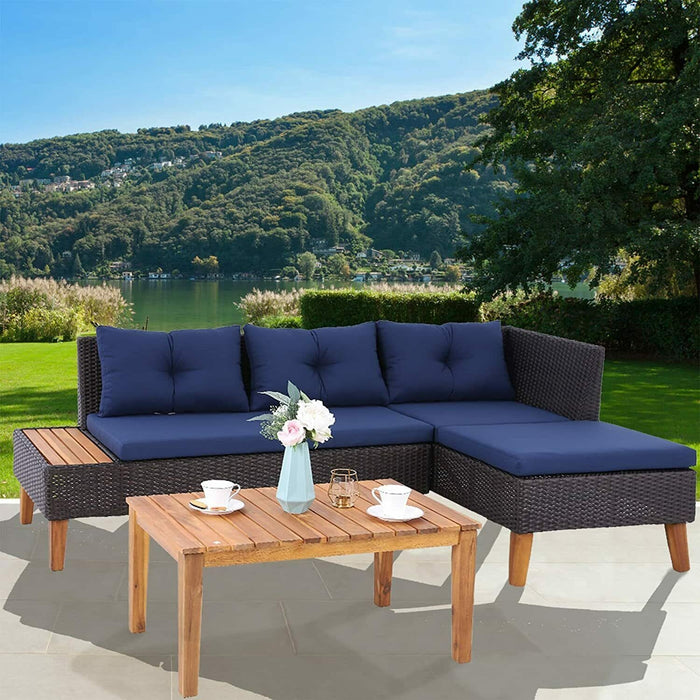 Outdoor Rattan Sectional Sofa Set with Cushion Patio Table Wooden Furniture 3Pcs