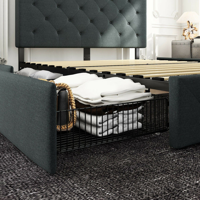 Queen Platform Bed Frame with 4 Storage Drawers & Adjustable Headboard, Grey
