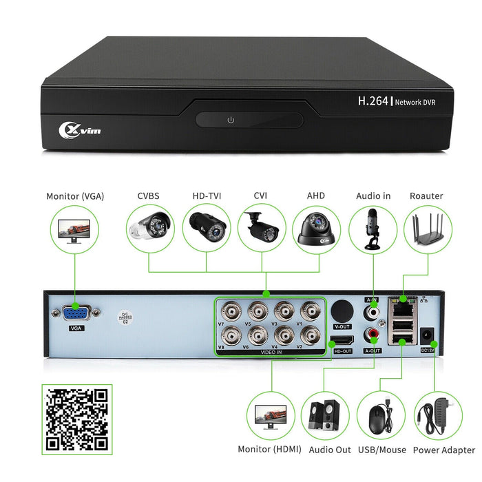 XVIM 1080P HDMI DVR 8CH Outdoor Security Camera System CCTV with 1TB Hard Drive