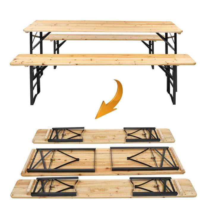 3 PCS Camping Wood Picnic Table Beer Bench Dining Set Folding Wooden Top Patio