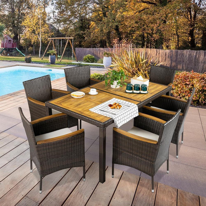 7 PCS Wicker Outdoor Dining Set w/ Acacia Wood Table Patio Dining Set