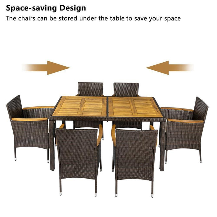 7 PCS Wicker Outdoor Dining Set w/ Acacia Wood Table Patio Dining Set