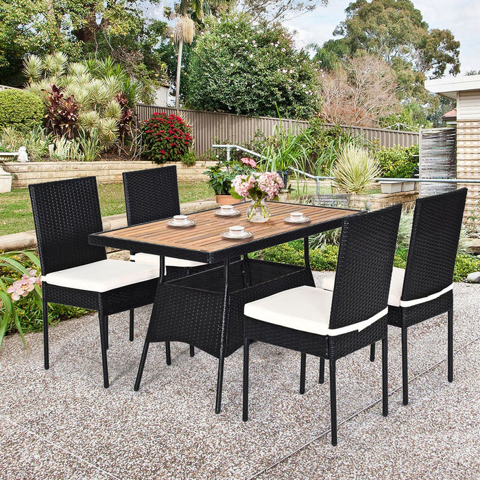 5PCS Rattan Patio Dining Set Outdoor w/ Cushion Wooden Tabletop 4 Chairs