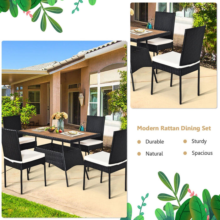 5PCS Rattan Patio Dining Set Outdoor w/ Cushion Wooden Tabletop 4 Chairs