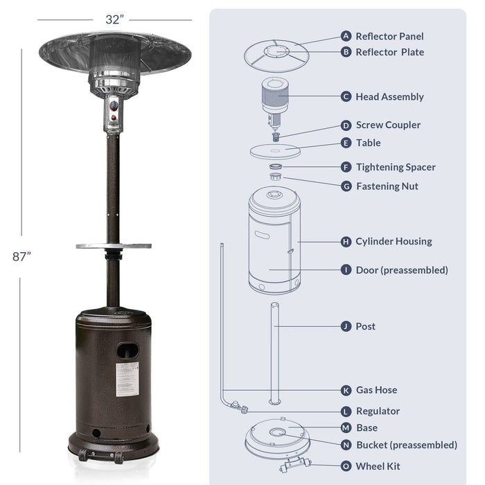 48,000 BTU Outdoor Propane Patio Heater LP Gas with Adjustable Table and Wheel