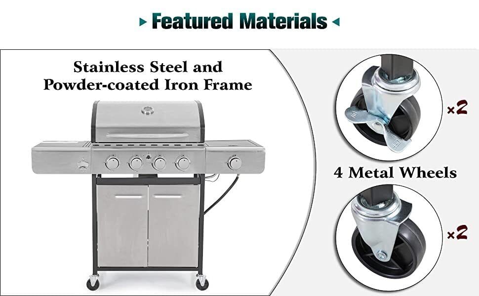 Outdoor BBQ Grill Stainless Steel Propane Gas Grill 4 Main Burners 42,000 BTU