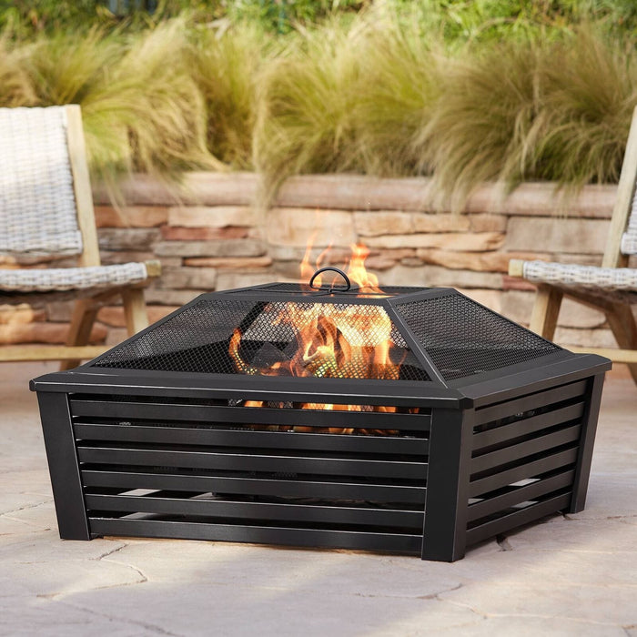 Black Outdoor Fire Pit Square 35" Steel Mesh Wood Burning Outside Backyard Patio