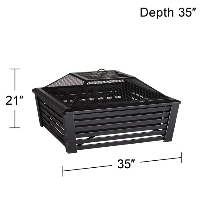 Black Outdoor Fire Pit Square 35" Steel Mesh Wood Burning Outside Backyard Patio