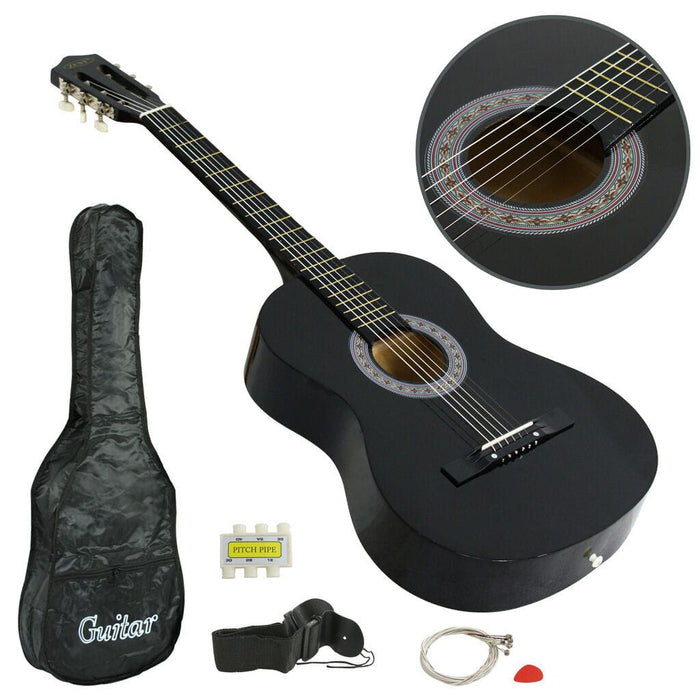 38" Full Size Adult Acoustic Guitar GIGBAG STRAP TUNER Beginner BLACK Child