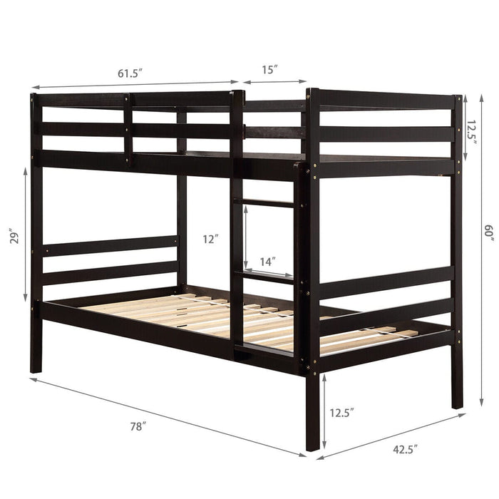 Twin Over Twin Wood Bunk Beds w/Ladder & Safety Rail Pine Wood Compact Espresso