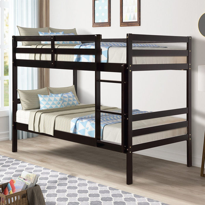 Twin Over Twin Wood Bunk Beds w/Ladder & Safety Rail Pine Wood Compact Espresso