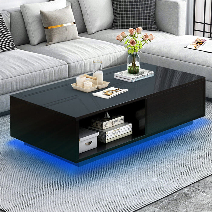 43.3" High Gloss Black 16-Color LED Coffee Table Side End with Drawer, Shelf