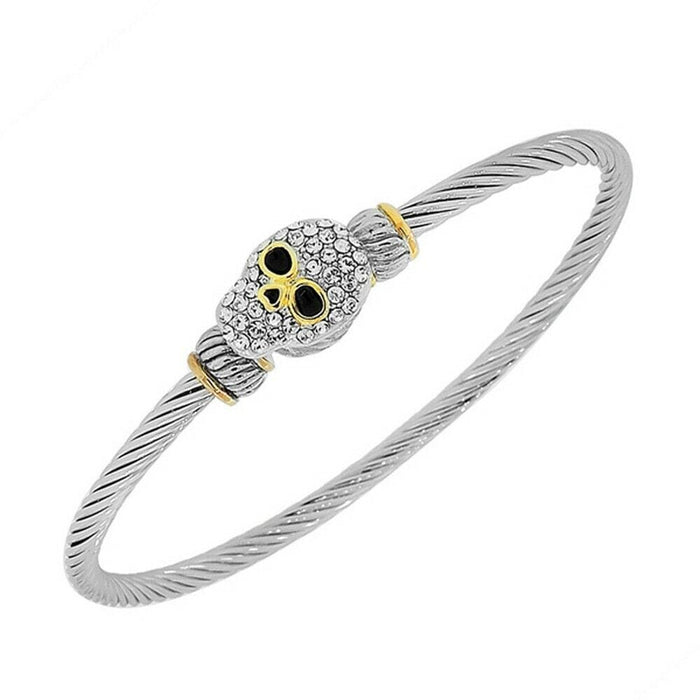 Silver-Tone White Crystals CZ Twisted Cable Scull Women's Bangle Bracelet