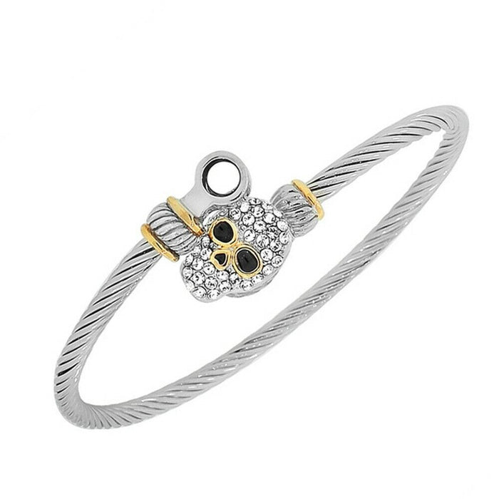 Silver-Tone White Crystals CZ Twisted Cable Scull Women's Bangle Bracelet