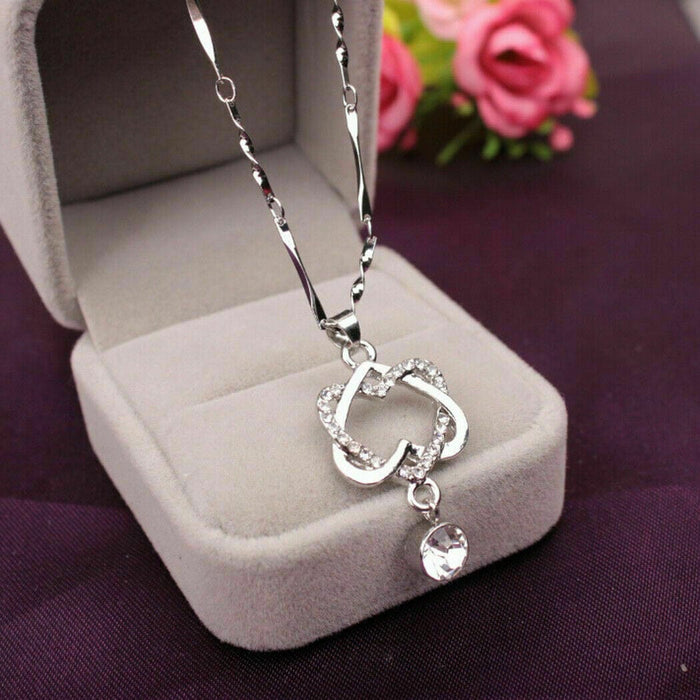 Gorgeous 925 Silver Necklace Pendant Women Cubic Zircon Jewelry Double Heart