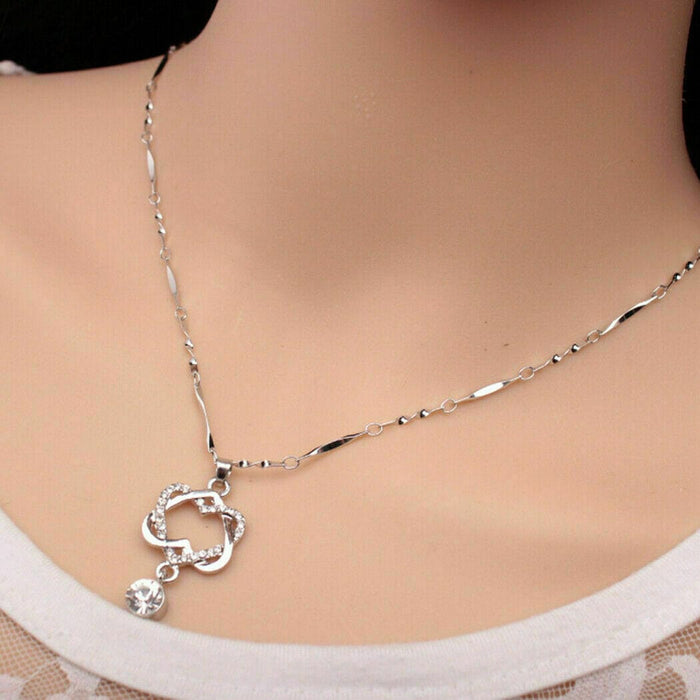 Gorgeous 925 Silver Necklace Pendant Women Cubic Zircon Jewelry Double Heart