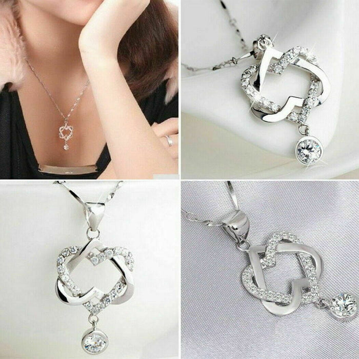 Gorgeous 925 Silver Necklace Pendant Women Cubic Zircon Jewelry Double Heart