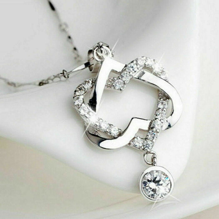 Gorgeous 925 Silver Necklace Pendant Women Cubic Zircon Jewelry Double Heart