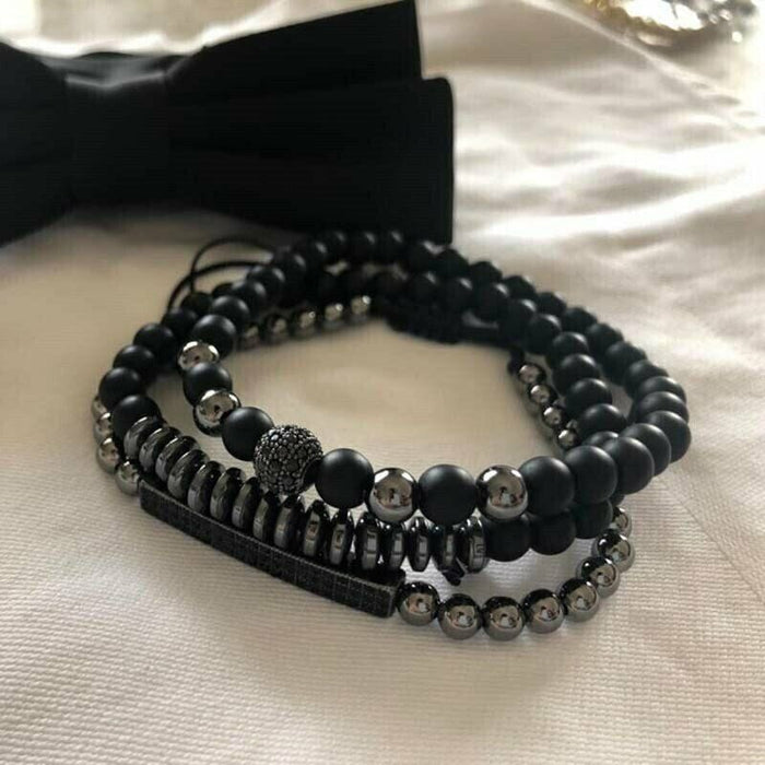 Fashion 3pcs Black Beads Stainless Steel Bracelet Bangle Jewelry Gift For Men
