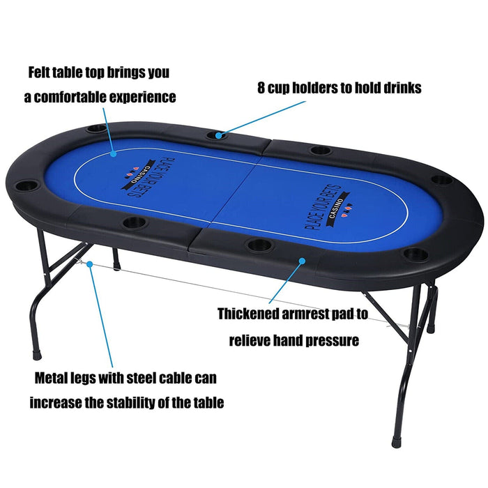 Folding 8 Player Poker Table Casino Games Texas Holdem Blackjack with Cup Holder