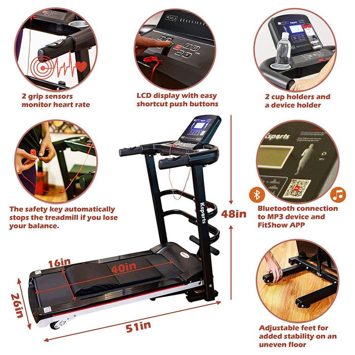 Ksports 16 Inch Wide Foldable Home Treadmill w/Bluetooth & Fitness Tracking App
