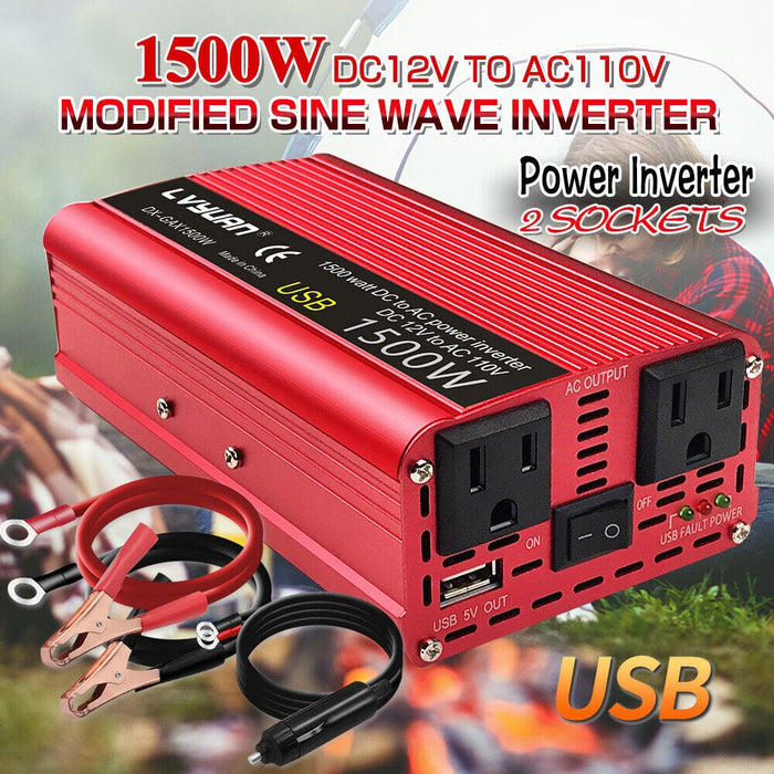 Car Vehicle Power Inverter 1500W Peak DC 12V to AC 110V 120V Converter 2 AC USB