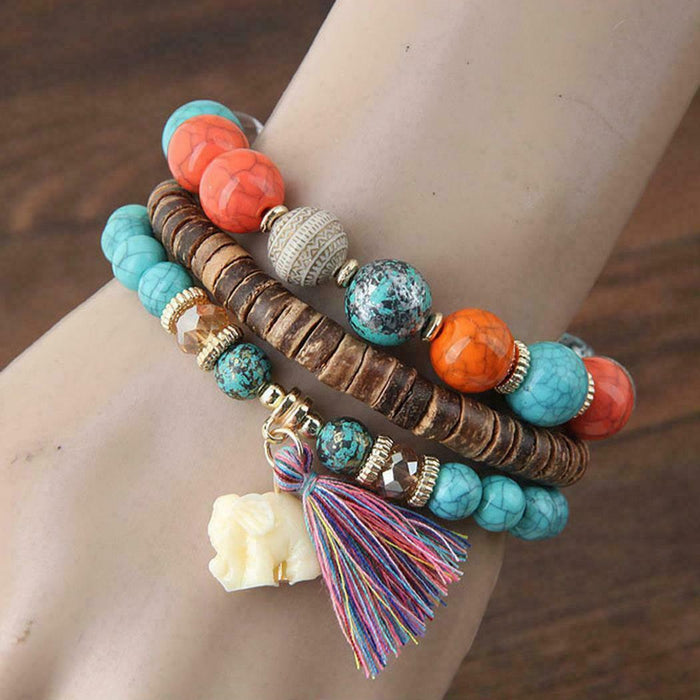 Wooden Beads Bracelets For Women Bohemia Elephant Tassel Charm Bracelet