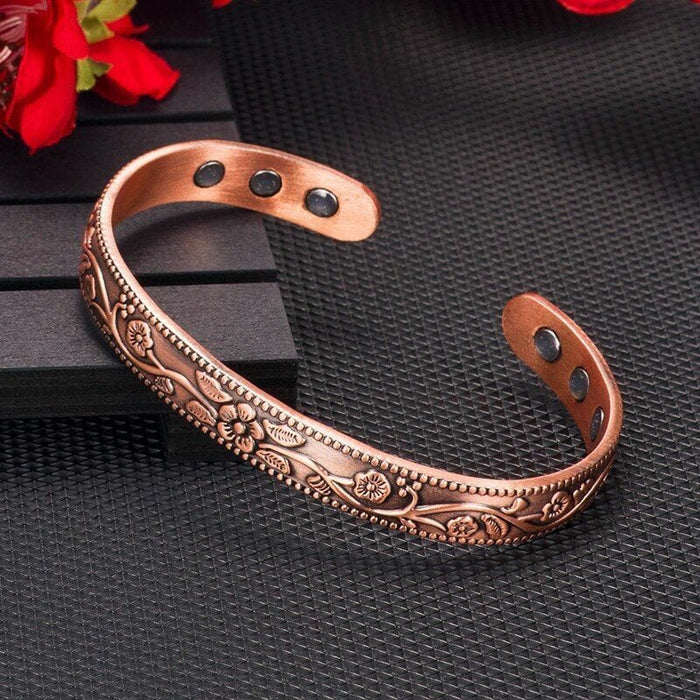 Magnetic Pure Copper Bracelet Femme Benefit Vintage Flower Energy Cuff for Women
