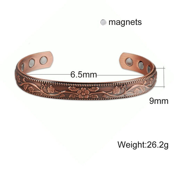 Magnetic Pure Copper Bracelet Femme Benefit Vintage Flower Energy Cuff for Women