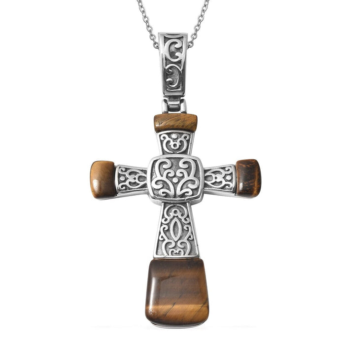 Tigers Eye Jewelry Pendant Necklace Women Stainless Steel Inlay Cross Ct 12.1