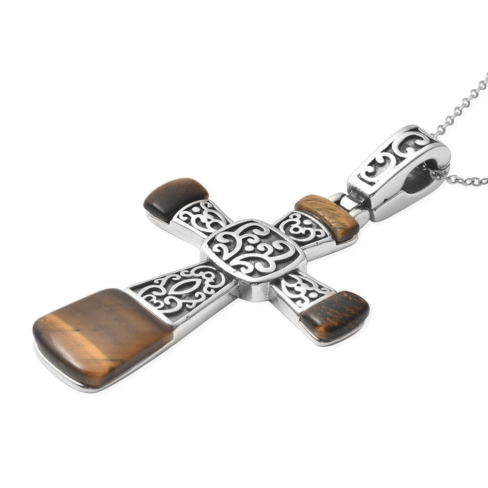 Tigers Eye Jewelry Pendant Necklace Women Stainless Steel Inlay Cross Ct 12.1