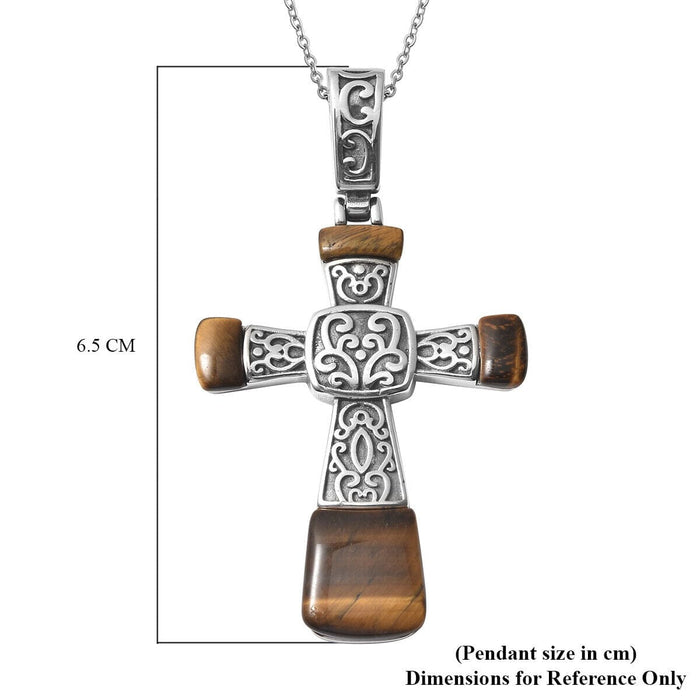 Tigers Eye Jewelry Pendant Necklace Women Stainless Steel Inlay Cross Ct 12.1