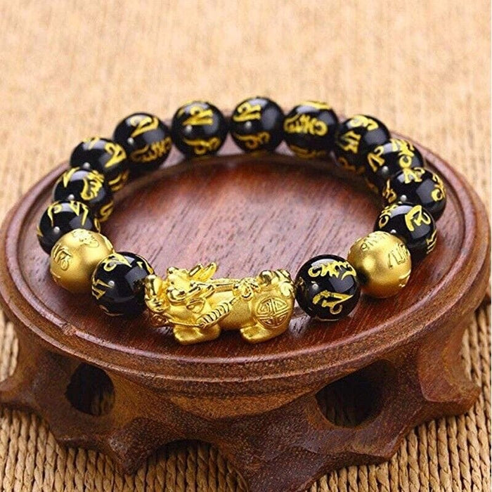 US Pi Xiu Good Luck Attract Wealth Black Obsidian Feng Shui Double Bracelet Bead