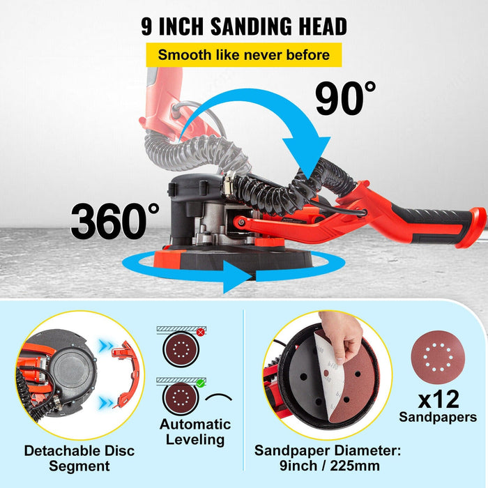 VEVOR 9" Drywall Sander 850W 6 Variable Speed Sander Vacuum Attachment Led Lamps