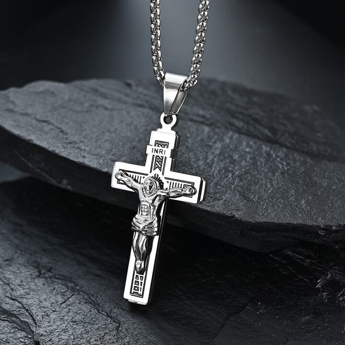 Jesus Cross Crucifix Mens Necklace INRI Catholic Pendant Stainless Steel Chain
