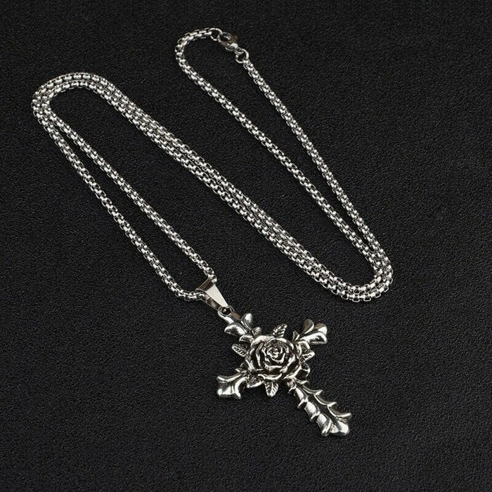 Men Stainless Steel Chain Necklace Retro 3D Casting Rose Cross Pendant