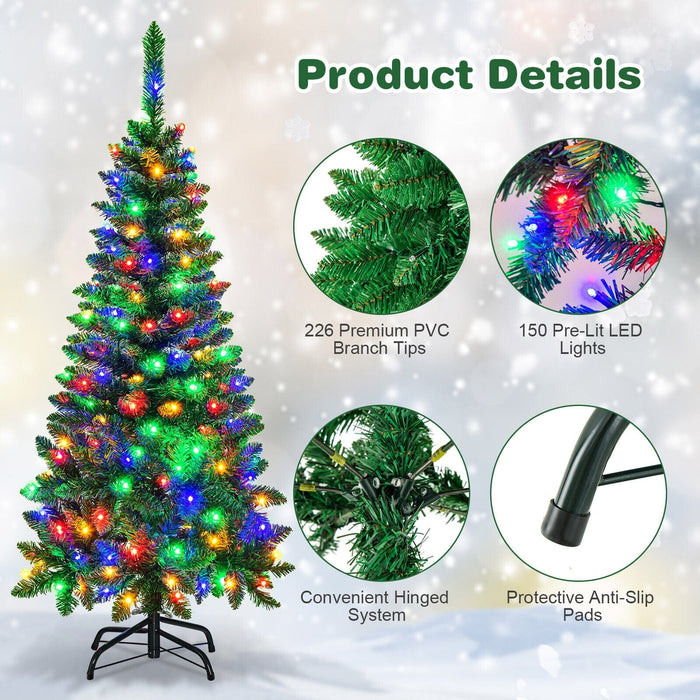 4.5ft Pre-Lit Hinged Artificial Fir Pencil Christmas Tree w/150 Multicolor Light