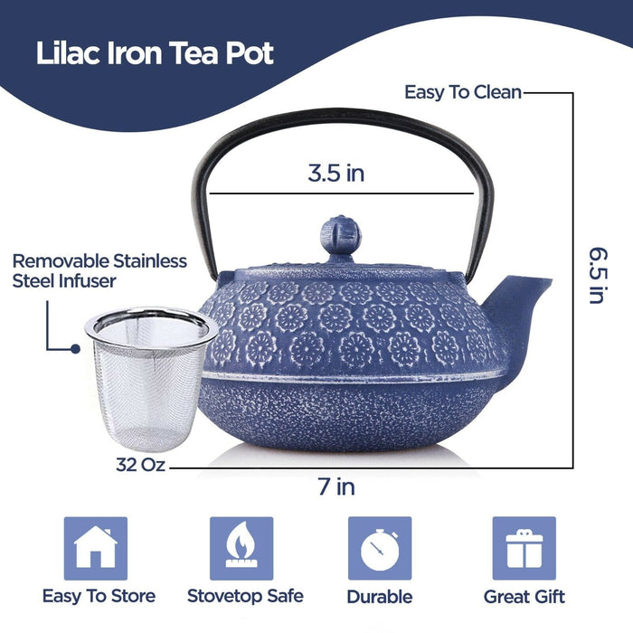 Resveralife Japanese Lilac Cast Iron Teapot with Infuser Floral Tea Kettle 32 Oz