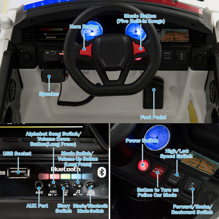HoneyJoy 12V Kids Police Ride On Car RC Electric Truck w/LED Light & Siren White