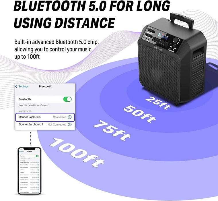 Donner Outdoor Speaker 3-Way PA System Portable Bluetooth Karaoke Machine &2 Mic