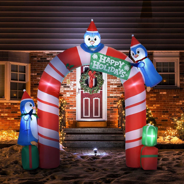 8ft Christmas Inflatable Candy Cane Archway w/ Three Penguins and Gift Boxes