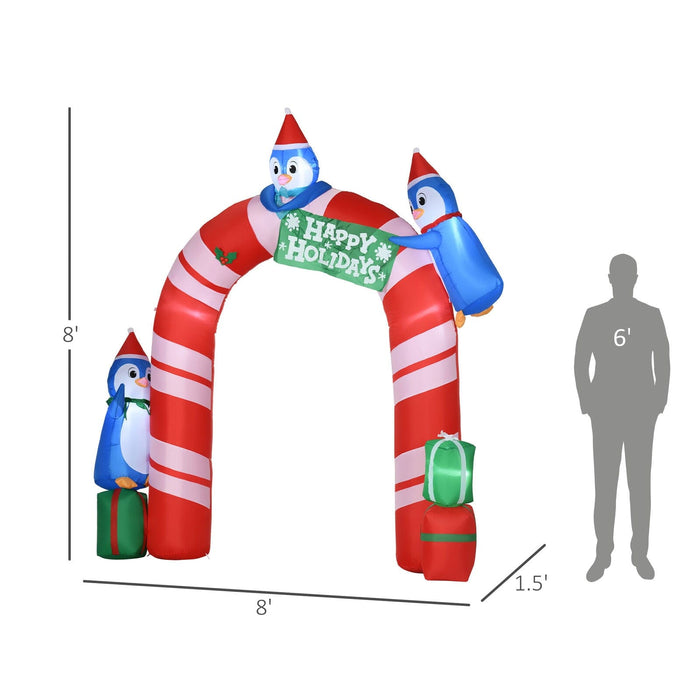 8ft Christmas Inflatable Candy Cane Archway w/ Three Penguins and Gift Boxes