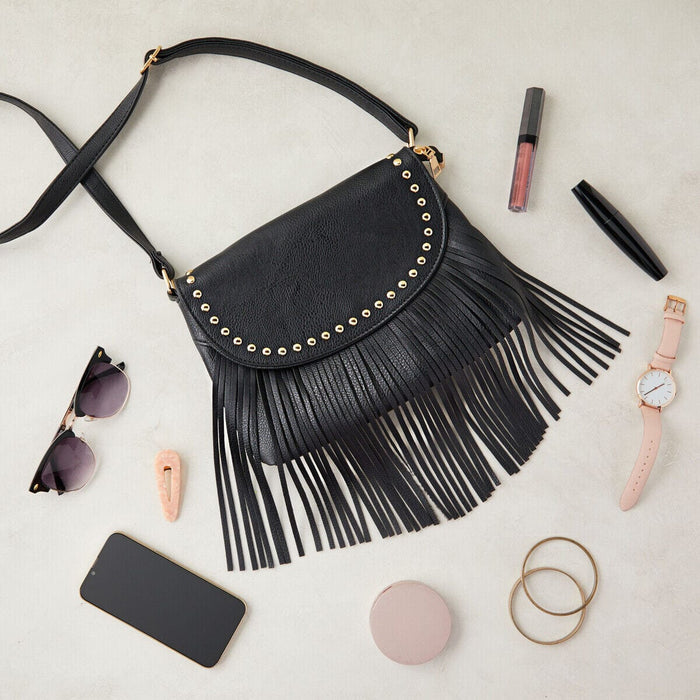 Black Leather Fringe Crossbody Bag Purse, Chain & Buckle for Women