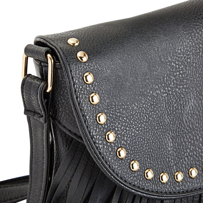 Black Leather Fringe Crossbody Bag Purse, Chain & Buckle for Women