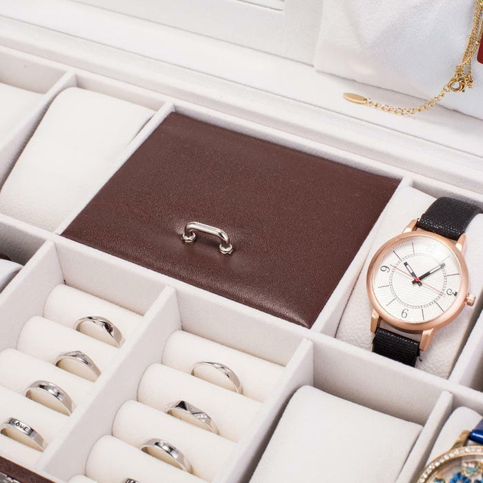 Leather Jewelry Box w/ Lock Men Women Mirror Watch Rings Holder Storage Case