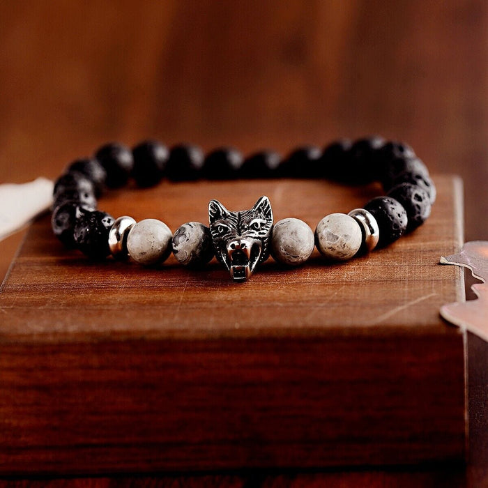 Hot Fashion Men's 8mm Rock Lava Silver Wolf Head Charm Bracelets Bangle Jewelry